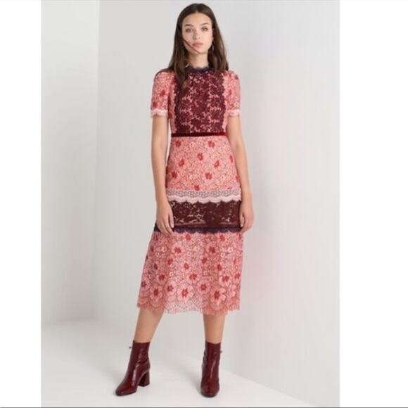 Foxiedox Sadie Dress Lace Midi Short Sleeve Floral 2 Pink Burgundy - Picture 1 of 12